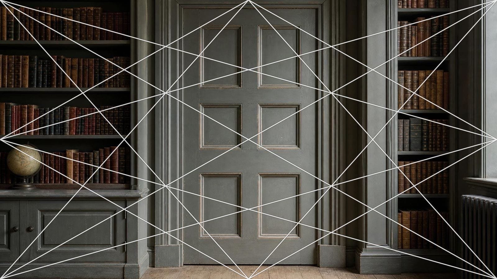 Armature grid overlay on a panelled Georgian door divided by stiles and rails