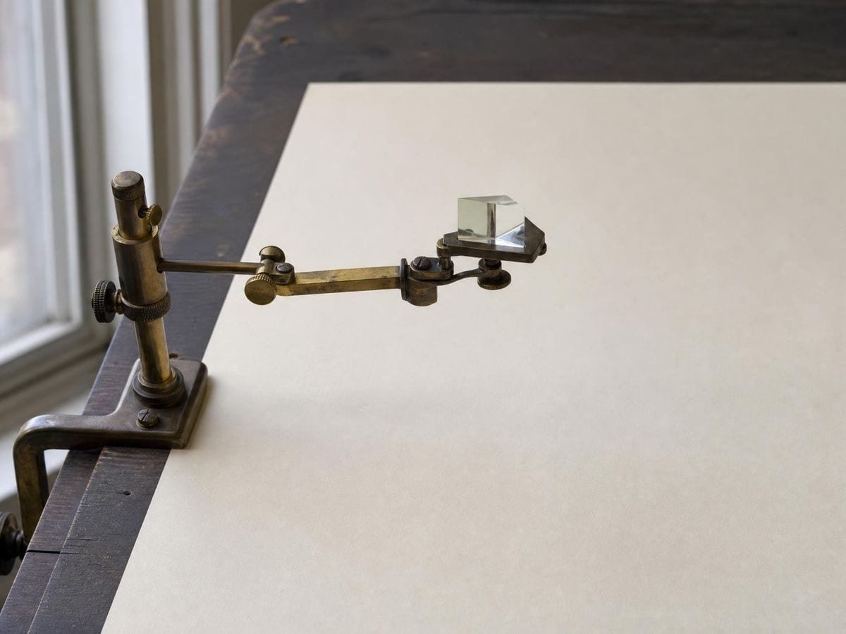 An antique camera lucida holding its prism on a brass arm over a blank sheet