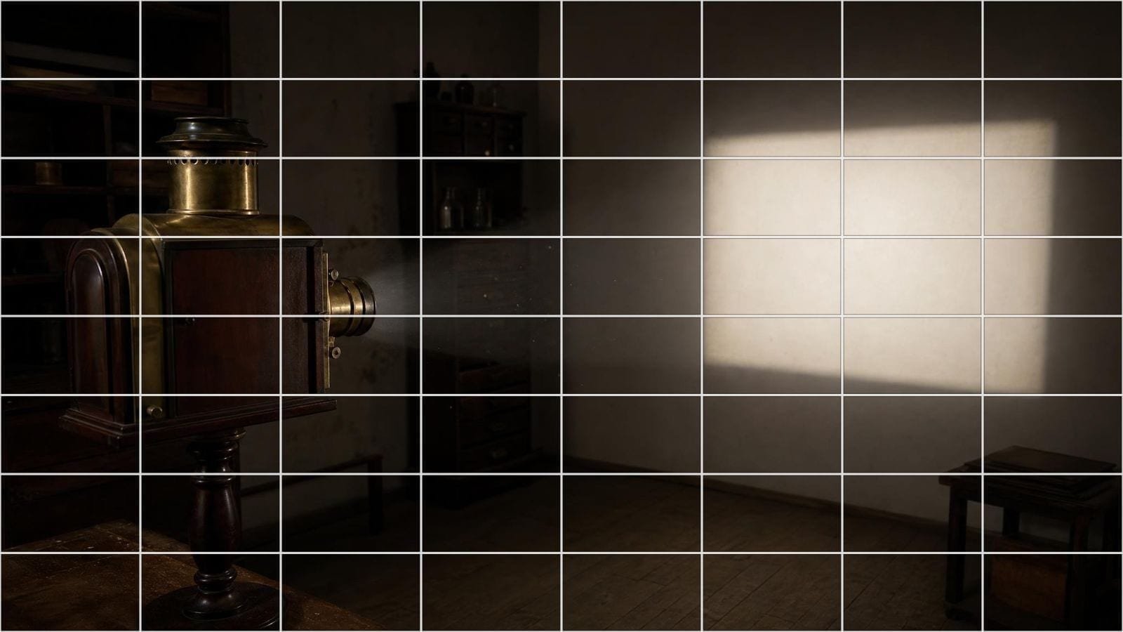 Art projector overlay on a brass lantern throwing an empty bright rectangle onto a wall