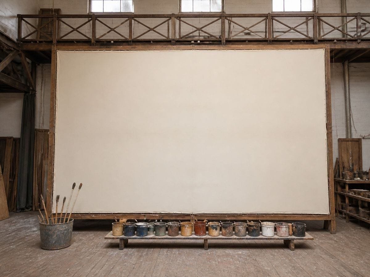 A theatre scene dock with a very large blank primed cloth stretched on a timber paint frame