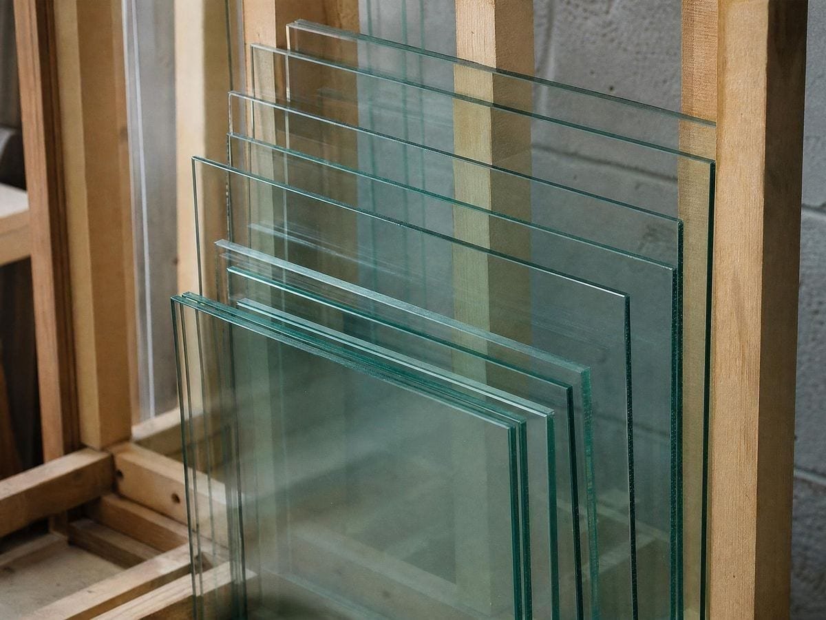 Sheets of picture glass in different sizes stacked on edge in a timber rack