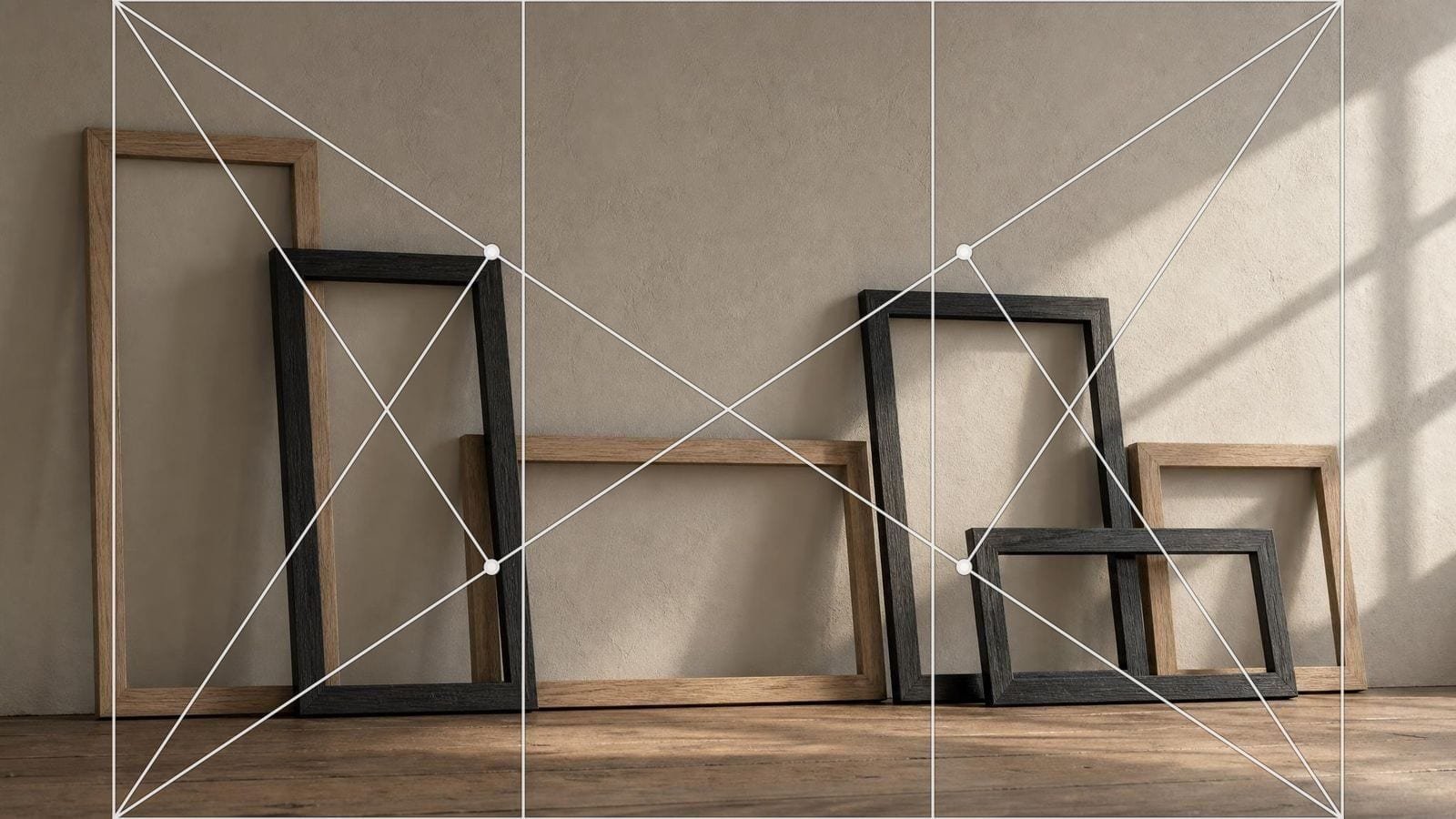Aspect ratio overlay on empty timber picture frames of several different proportions