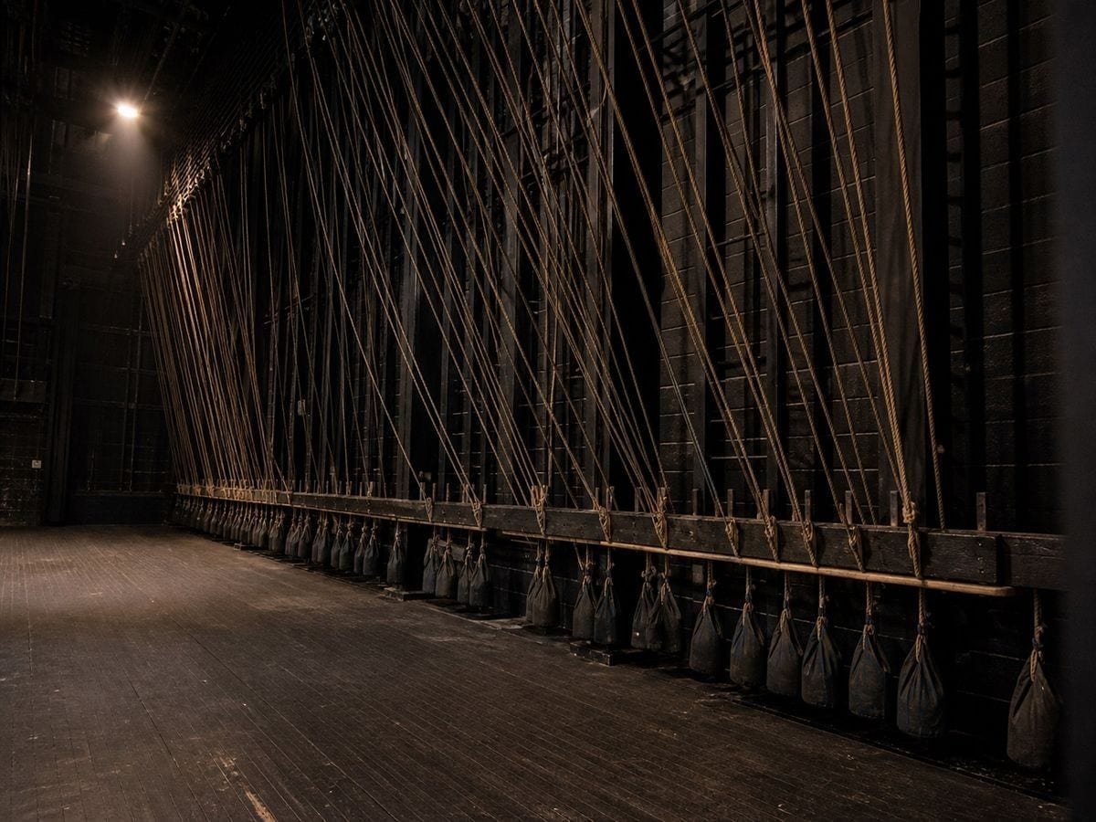 A theatre fly floor where hemp lines run steeply from the pin rail up toward the grid