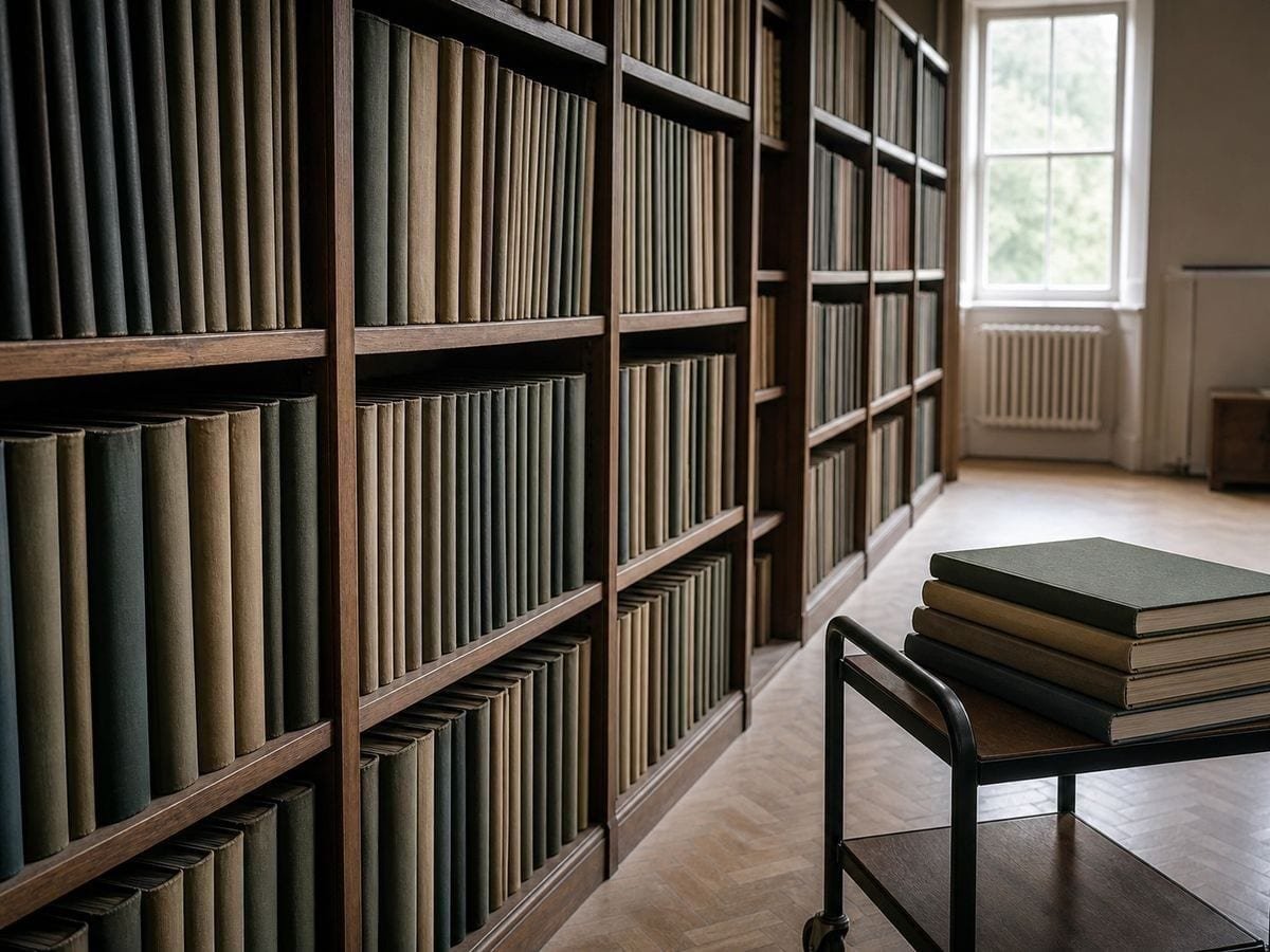 A music library run of shelving bays packed with tall bound scores and a loaded trolley