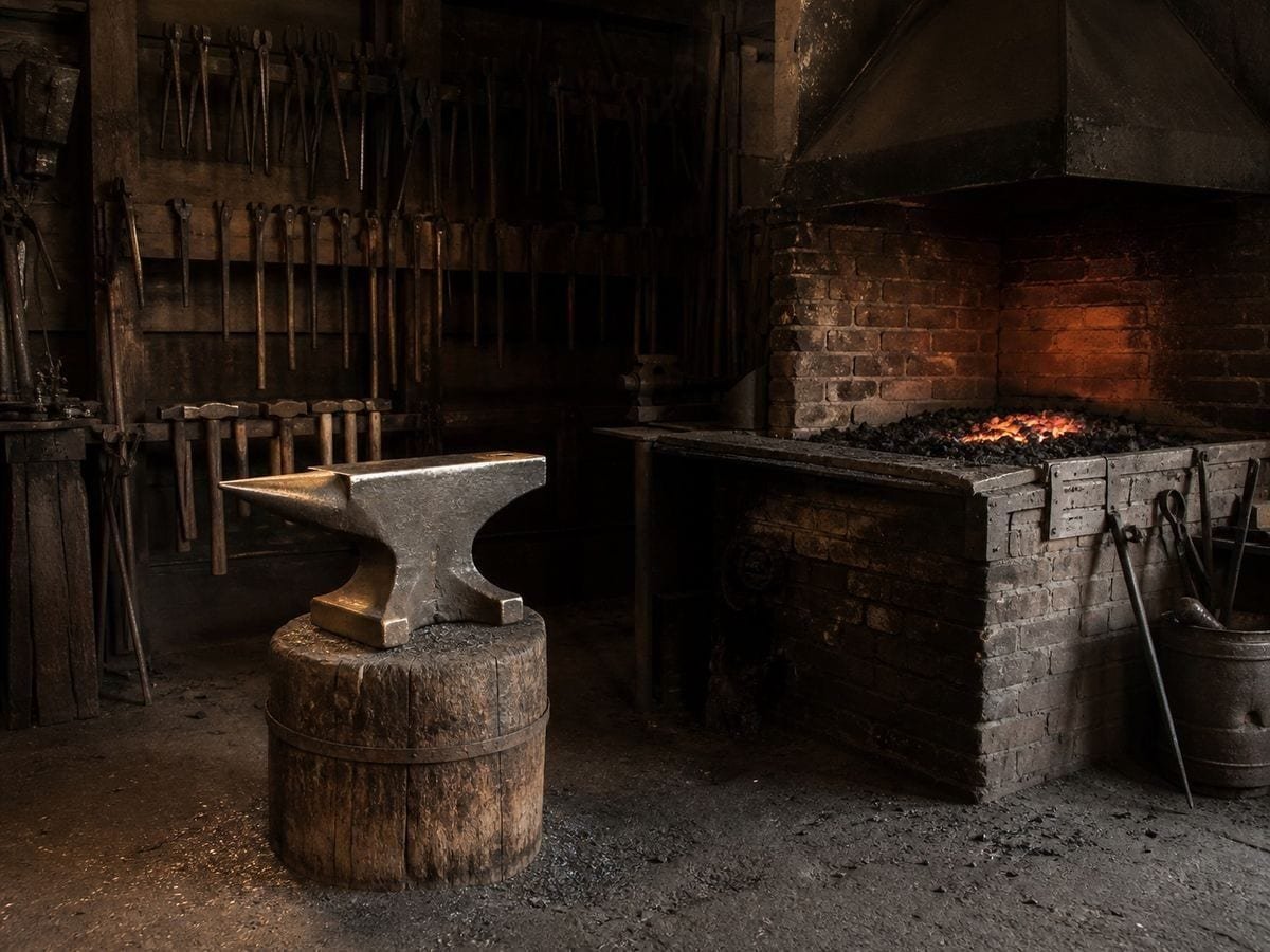 A blacksmith's forge with a banked glowing hearth, an anvil on its stump and hanging tongs