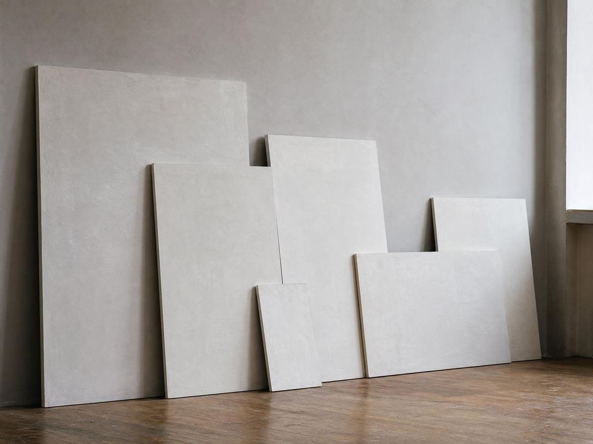Gesso-primed painting boards of several sizes leaning blank against a studio wall