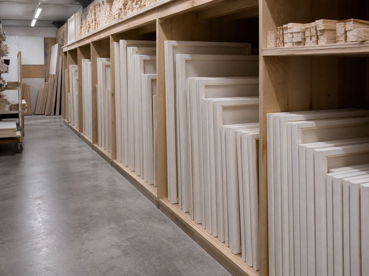 A supplier's rack of blank stretched canvases sorted by size with stretcher bars shelved above