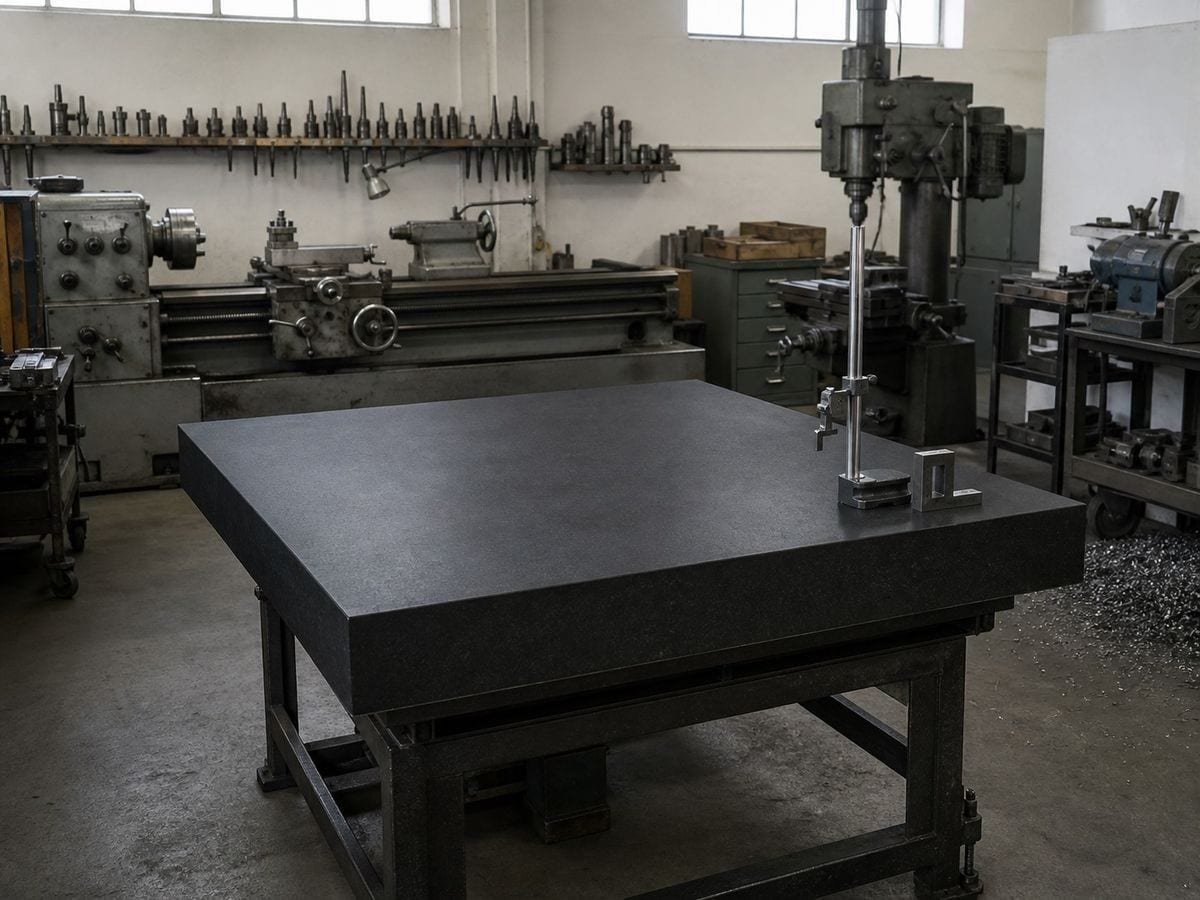 A machine shop with a clean empty black granite surface table on a heavy stand