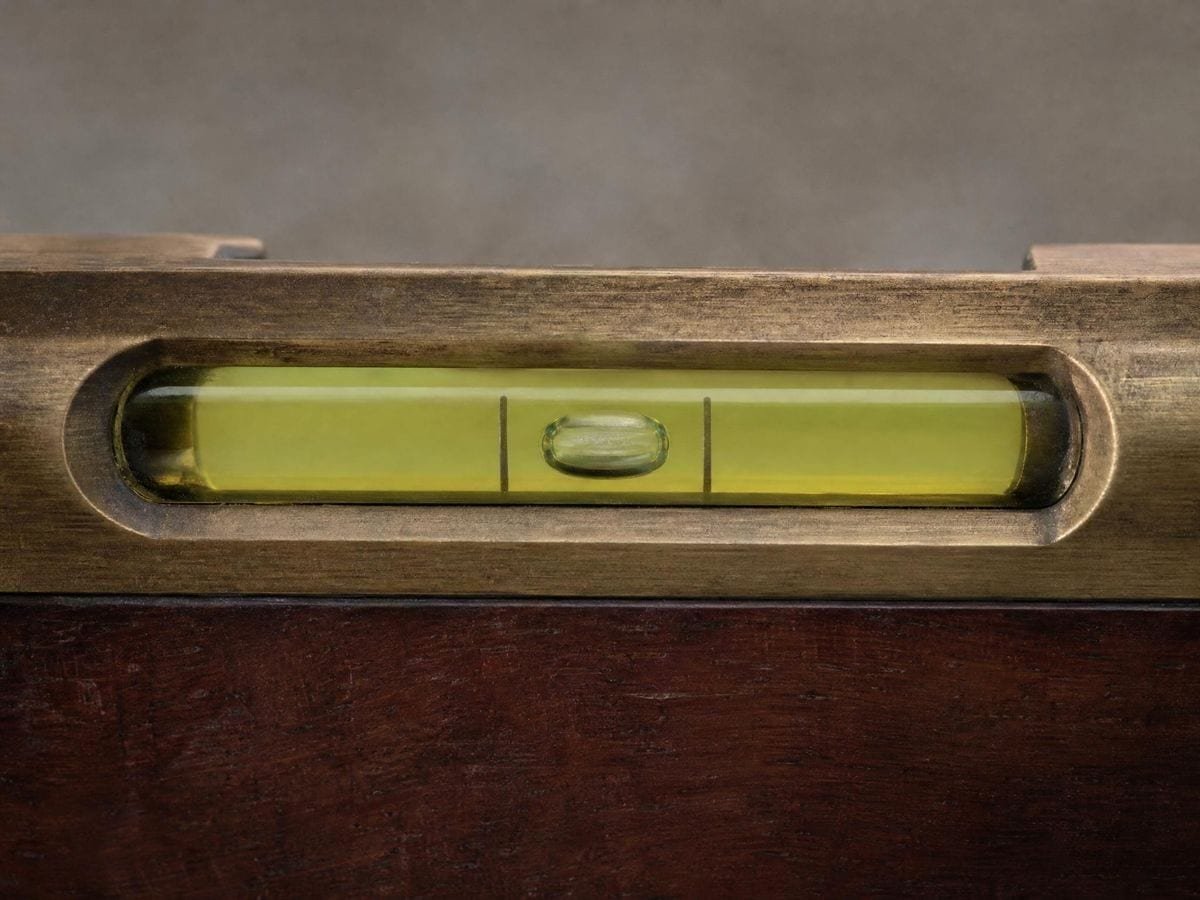 A brass spirit level vial with the bubble resting exactly between its two marks