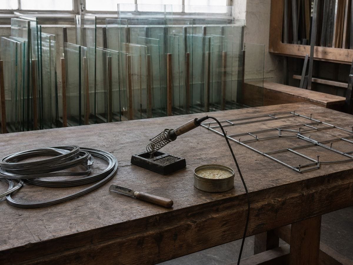 A glazier's bench with coils of lead came, a soldering iron in its stand and clear glass racked