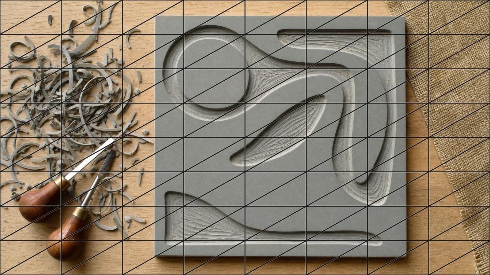 Coloring page overlay on a part-carved grey lino block with clean enclosed cut shapes