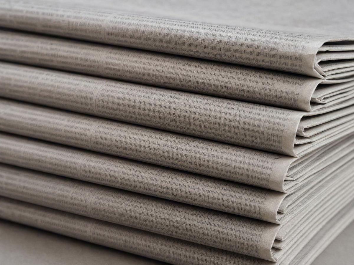 A stack of folded broadsheets showing narrow printed columns along the folded edge