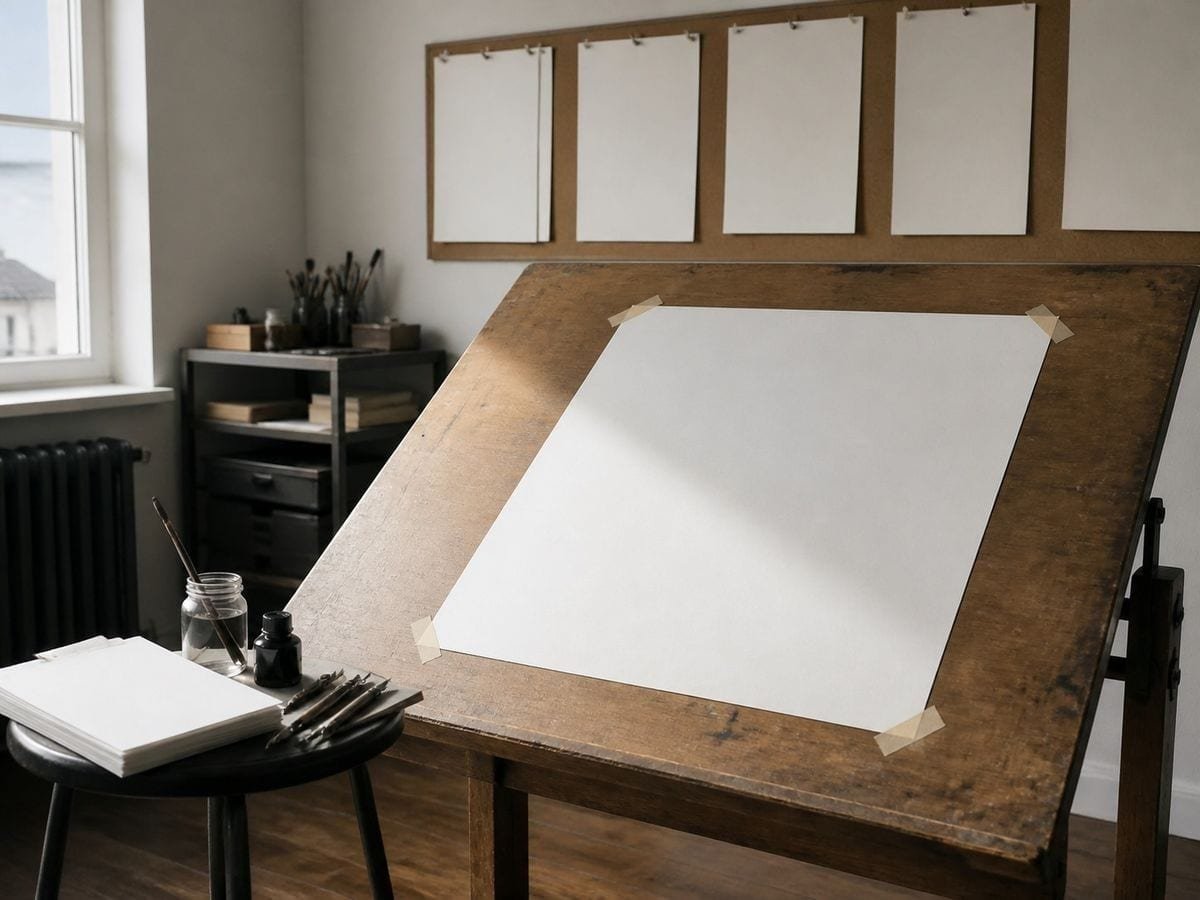 A comics studio with a tilted board carrying blank taped bristol and pinned sheets behind
