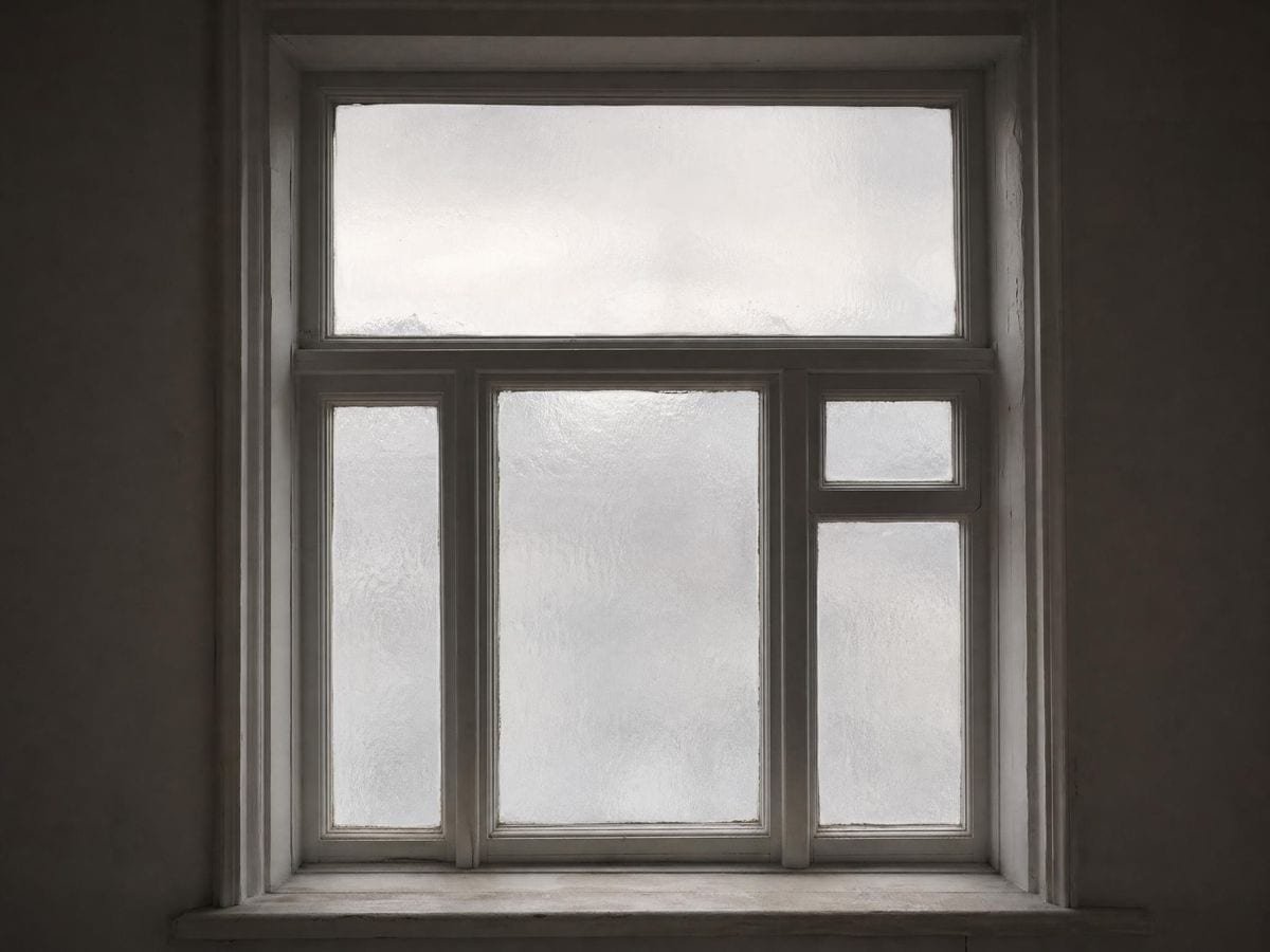 An old sash window whose glazing bars divide it into panes of unequal size