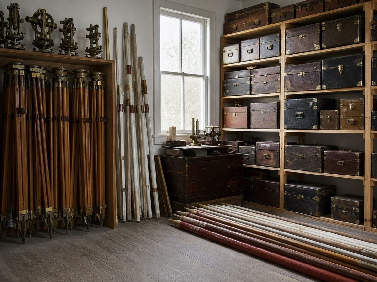A survey store with folded wooden tripods racked, staves leaning and brass-cornered cases shelved
