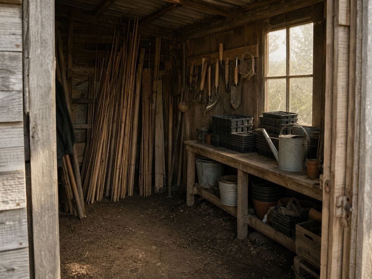 An allotment shed doorway with bundled canes, a wall tool rack and stacked trays on a bench