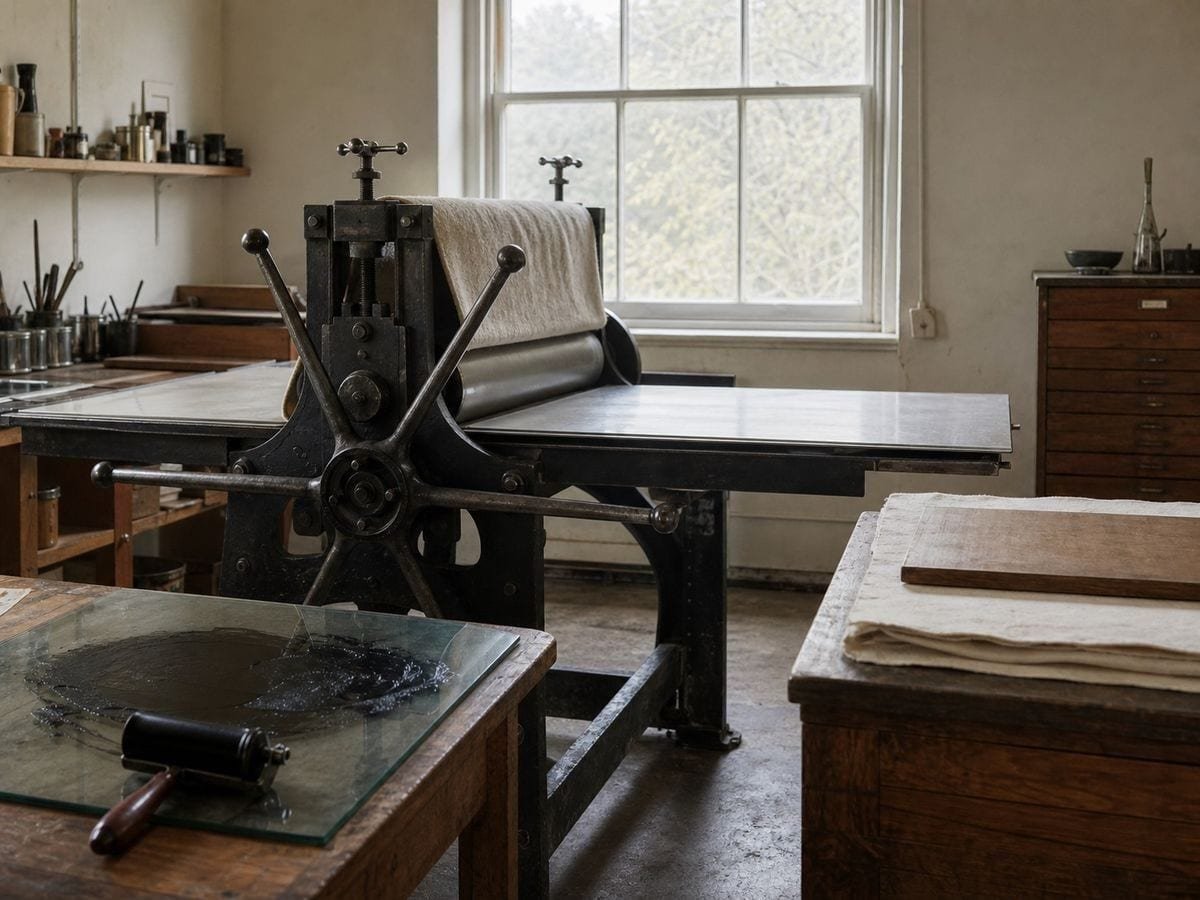 A cast-iron etching press with its blankets folded back and an inking slab on the bench