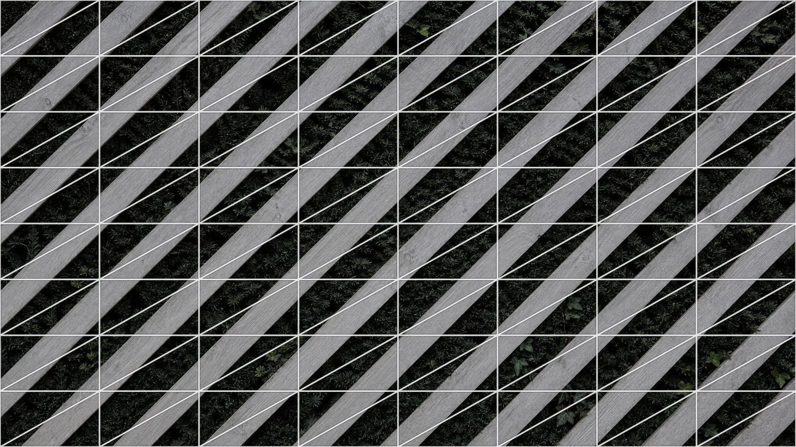 Diagonal cell grid overlay on a timber trellis of laths all leaning the same way