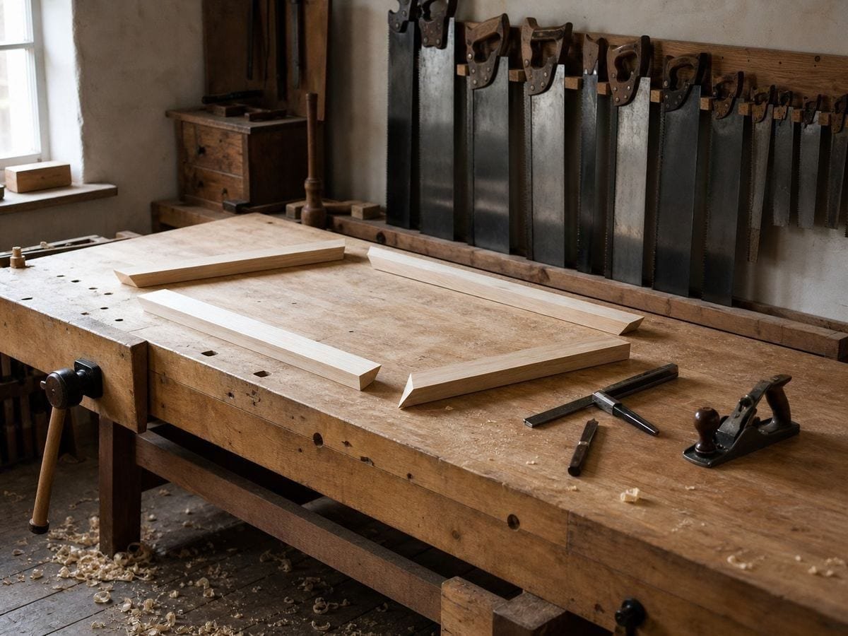 A cabinet bench with four mitred frame members laid out loosely, not yet joined