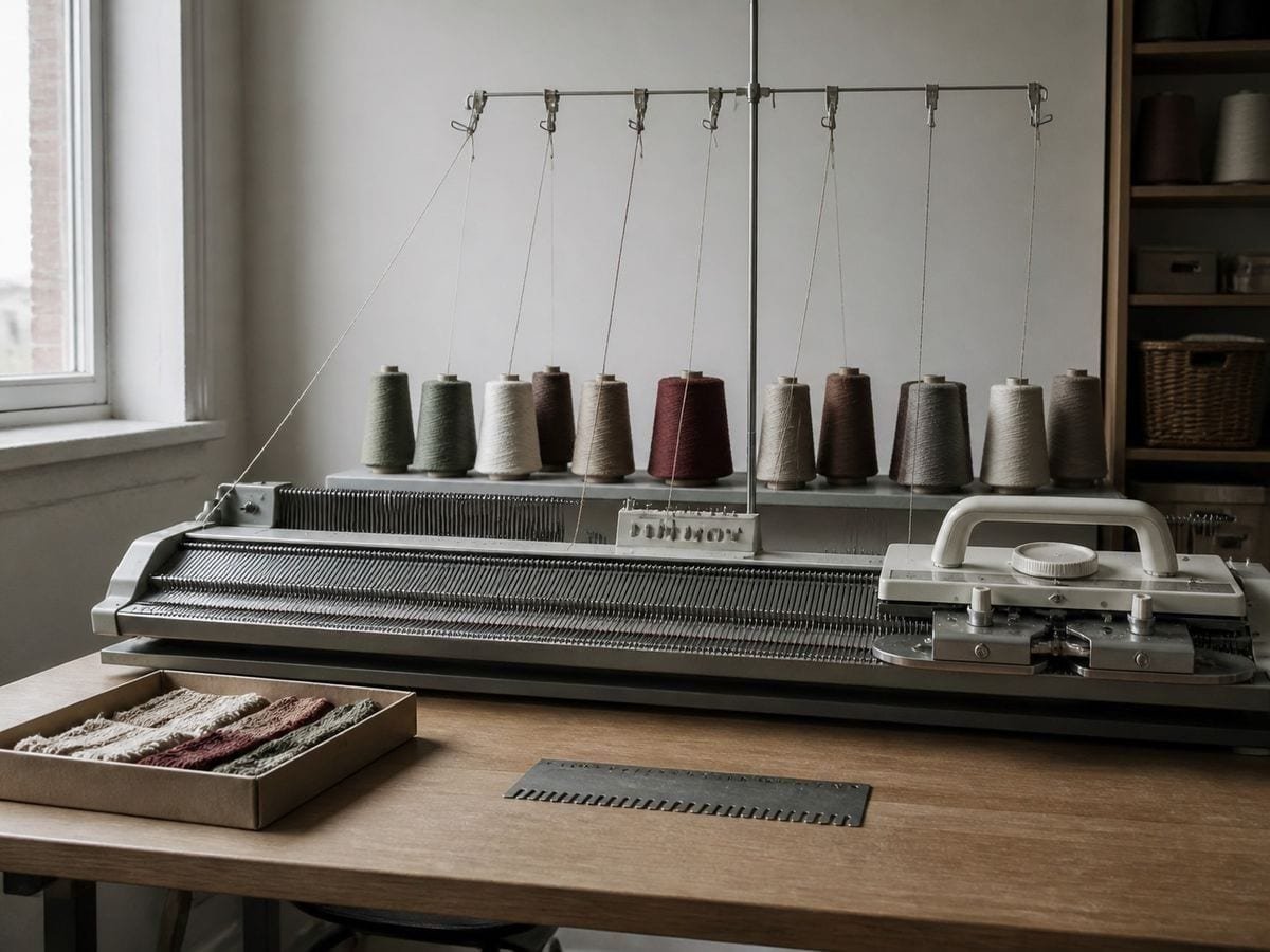 A hand flat knitting machine with a clear needle bed and cones of muted wool racked behind