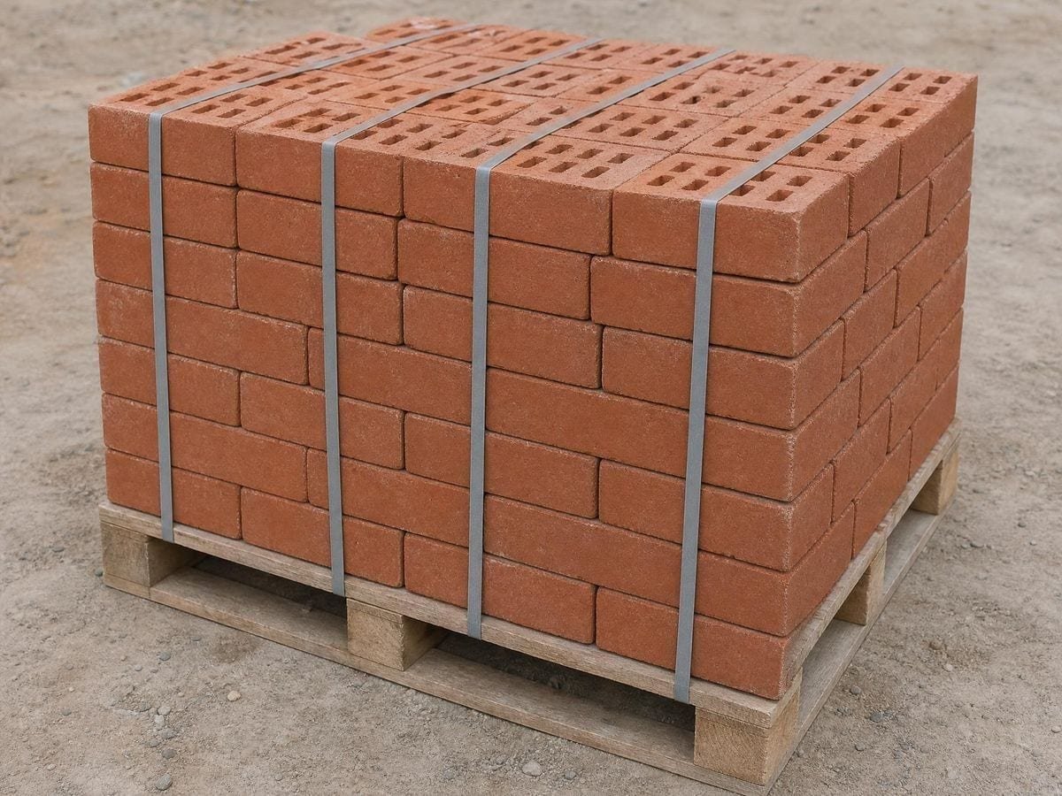 New clay bricks stacked on a pallet seen from a corner, courses running two ways
