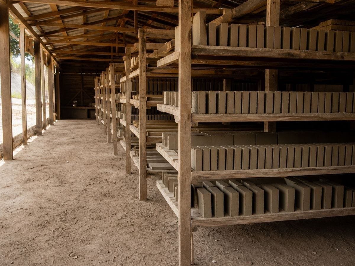 A brickworks drying shed with unfired green bricks racked on edge with air gaps between