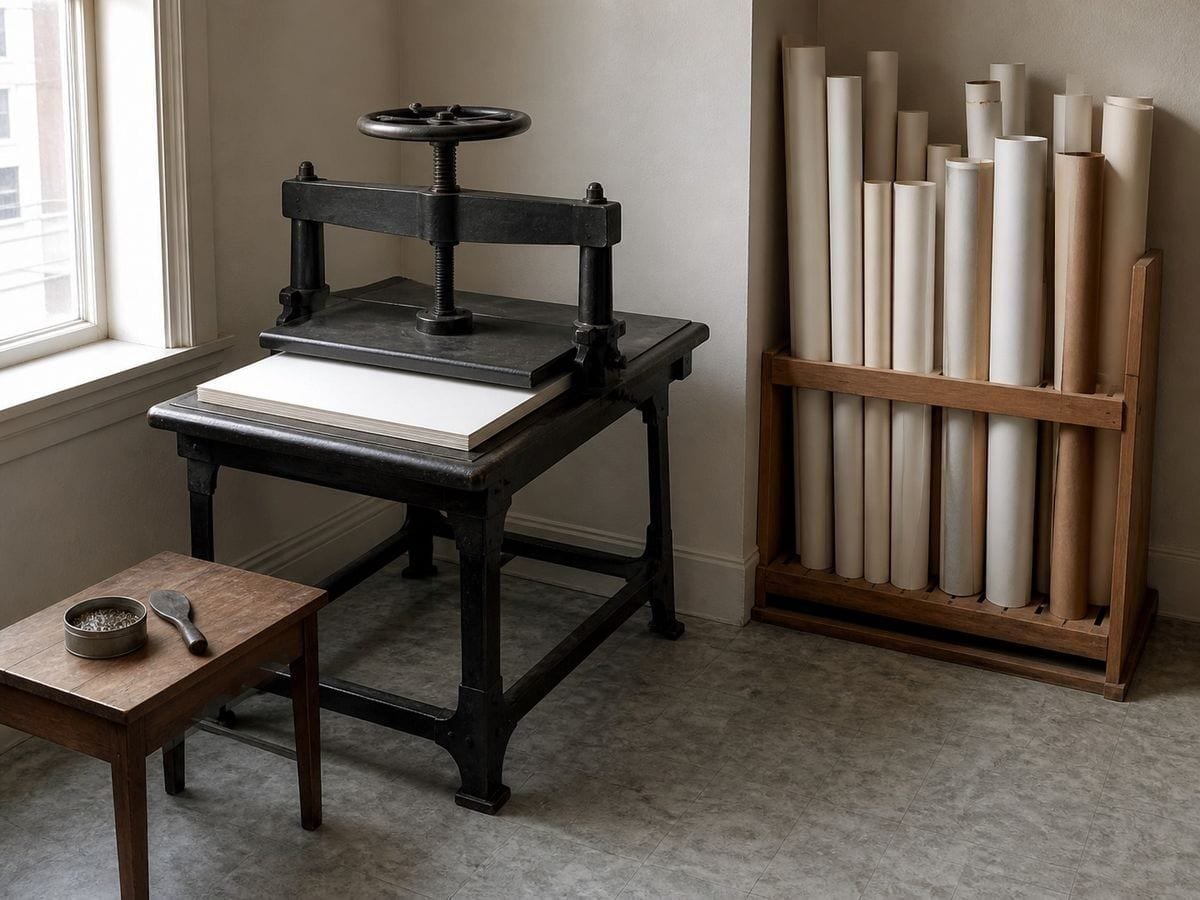 A drawing office corner with a cast-iron plan press and rolled paper racked on end