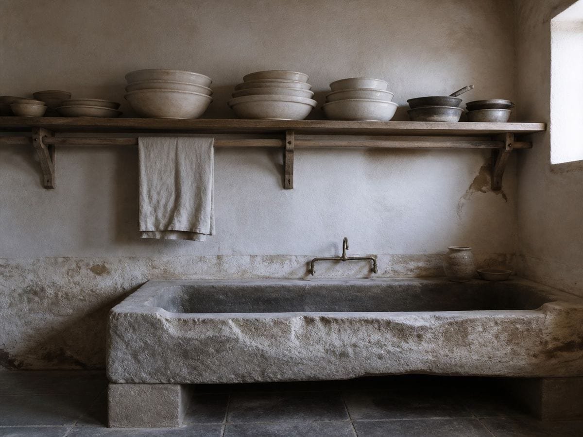 A farmhouse scullery shelf of plain earthenware bowls nested above a worn stone sink