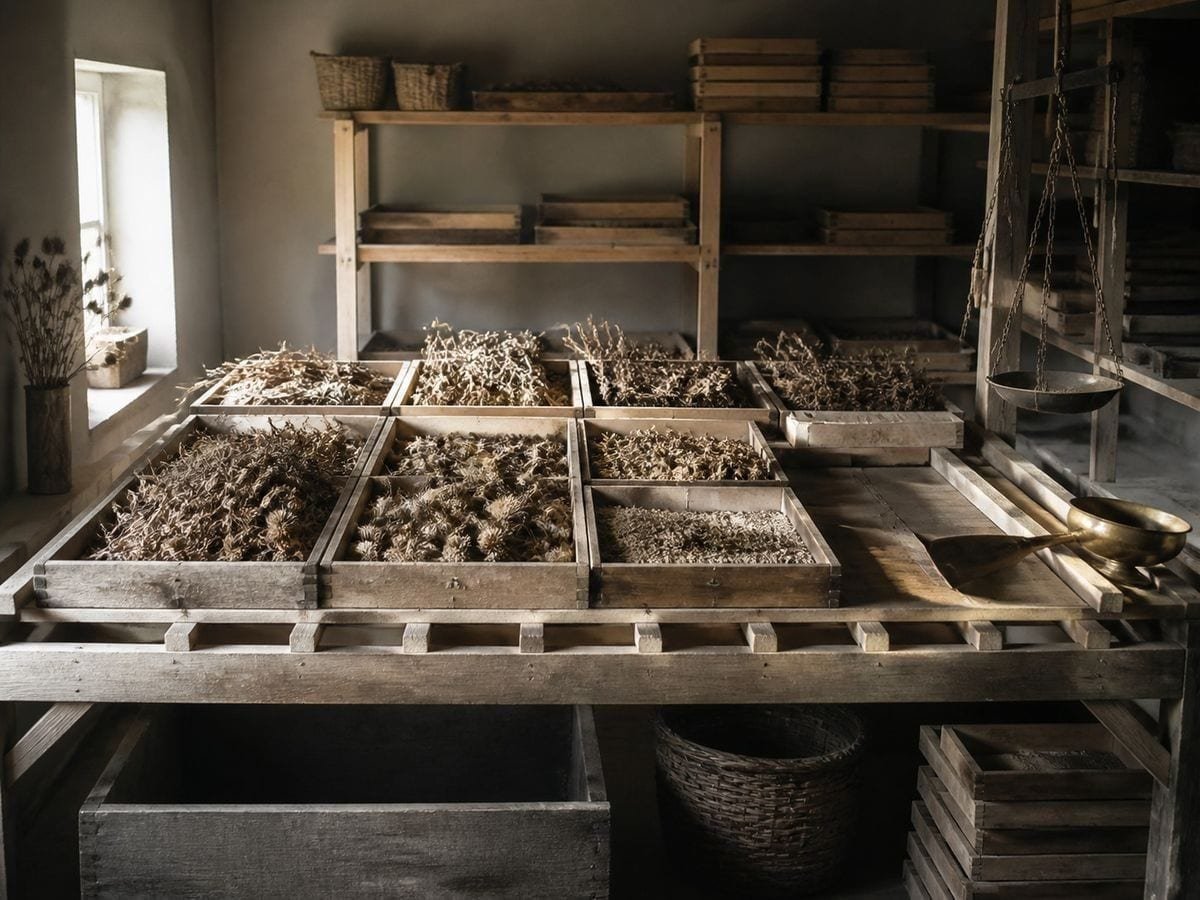 A seed room with paper trays of dried seed heads on a slatted timber drying rack