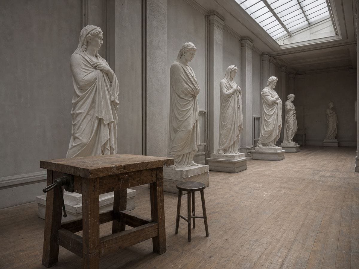 An academy cast hall of full-length plaster figures on low plinths beneath a rooflight