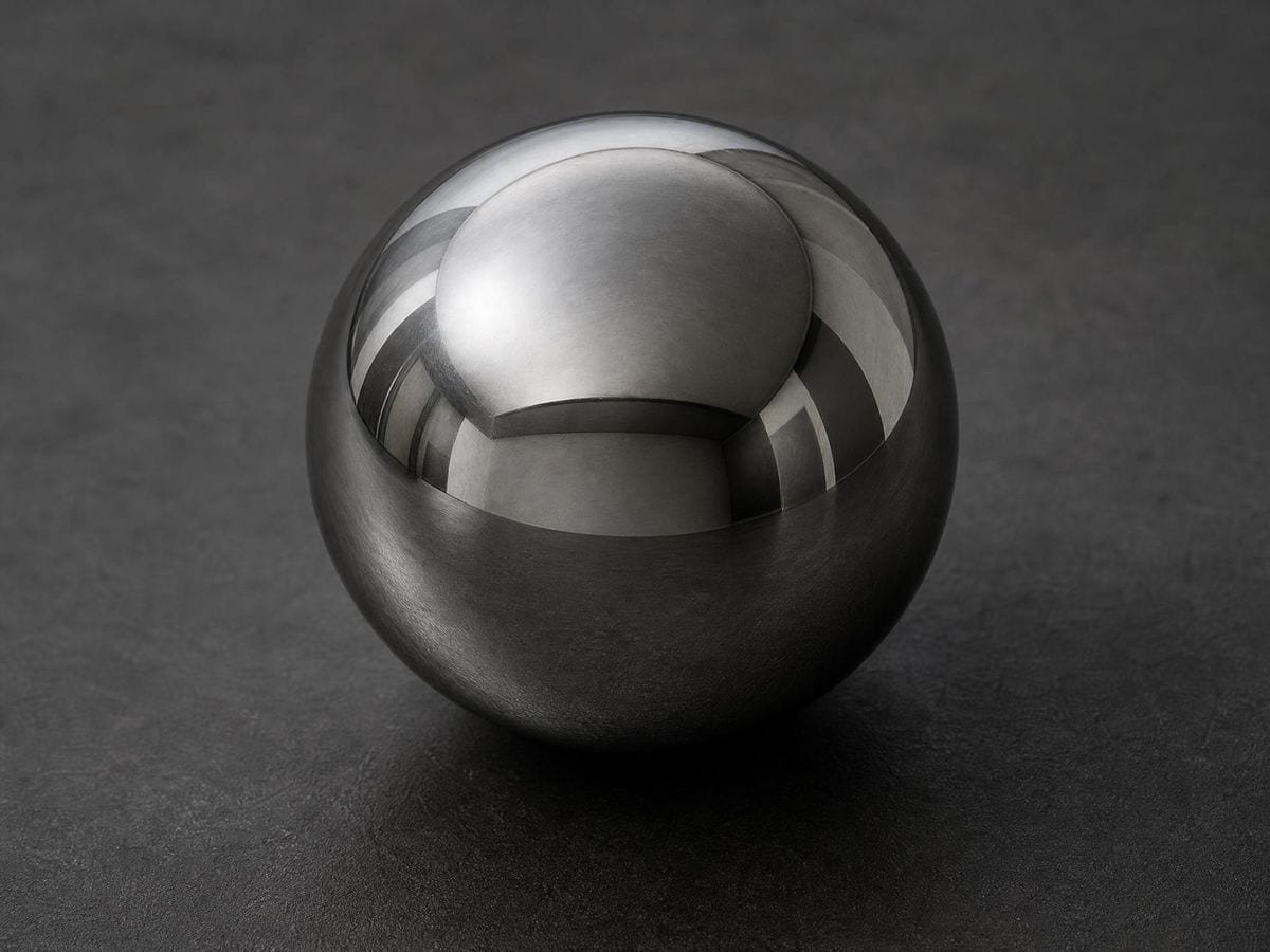 A polished steel ball bearing gathering a whole room into one curved reflection