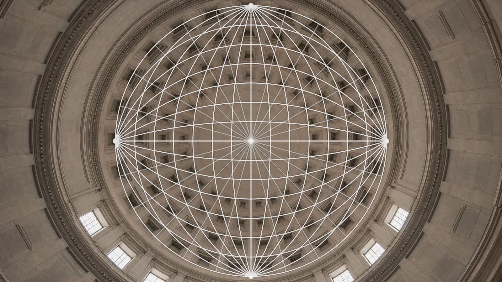 Five point perspective grid over a masonry dome seen from directly beneath its centre