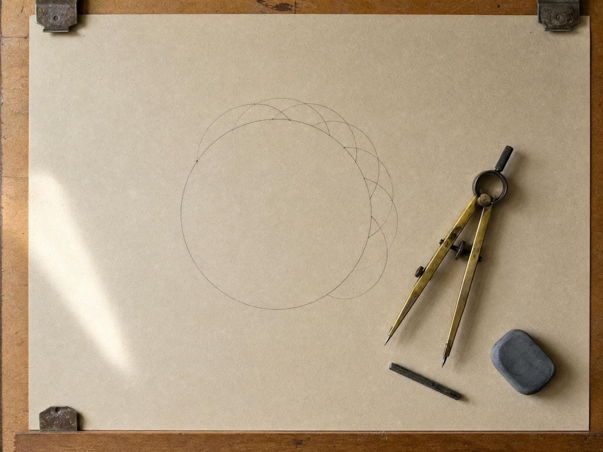 Brass compasses resting on a graphite construction of arcs stepped around a circle