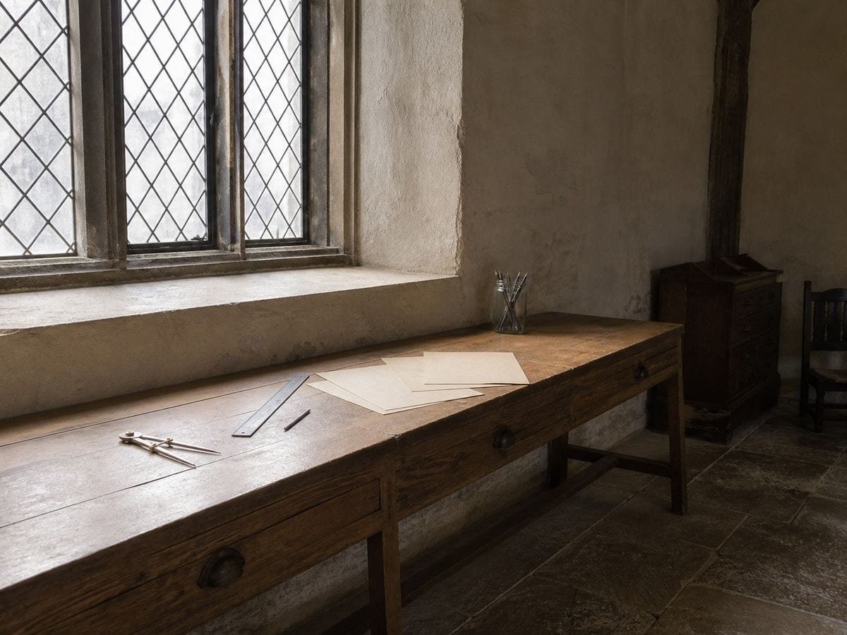 A geometer's study bench of compasses and loose paper beneath a tall leaded window
