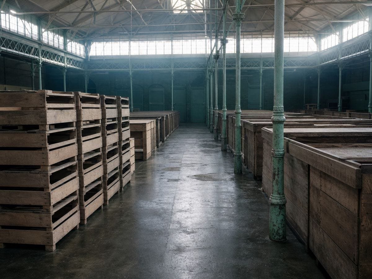 An old covered market hall before opening, wooden crates stacked along a swept aisle