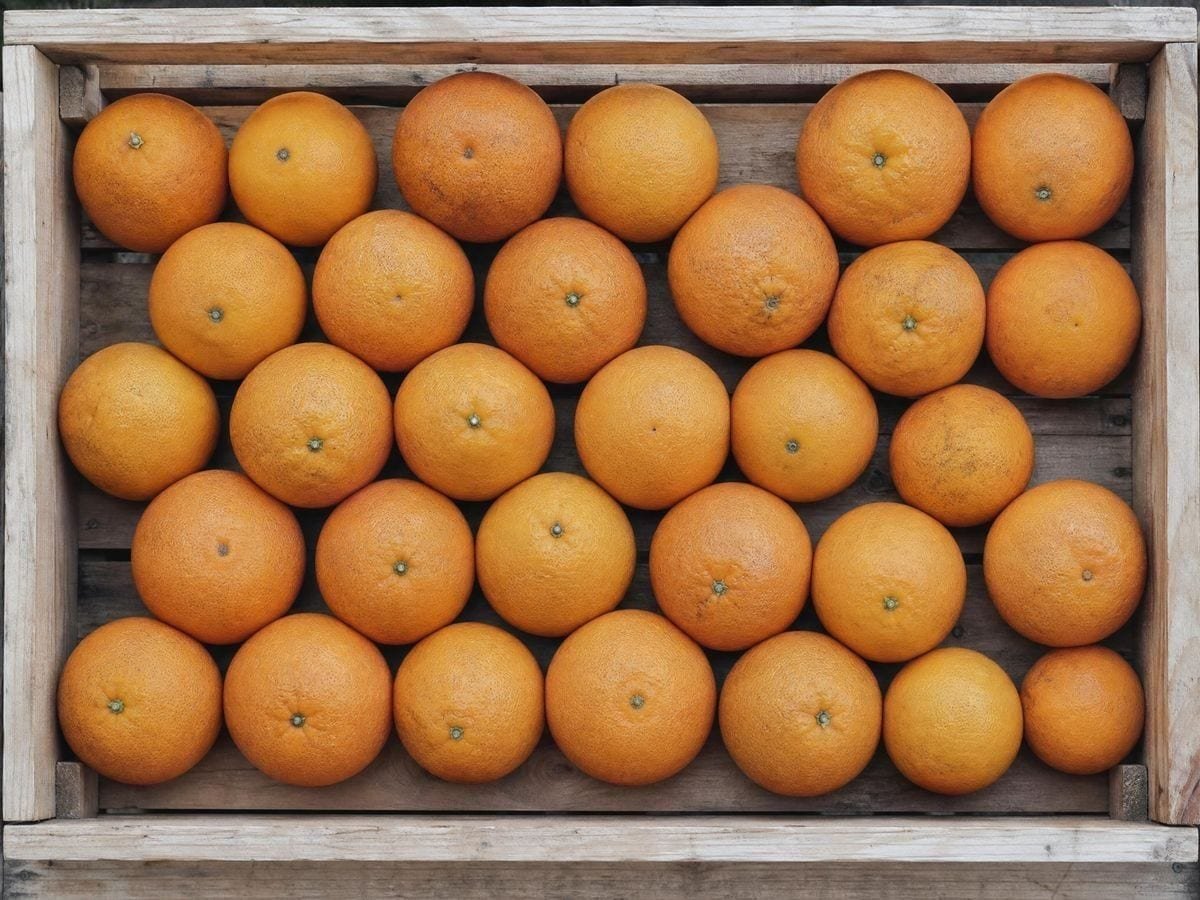 Oranges packed in staggered rows in a shallow crate, each nestled between two others