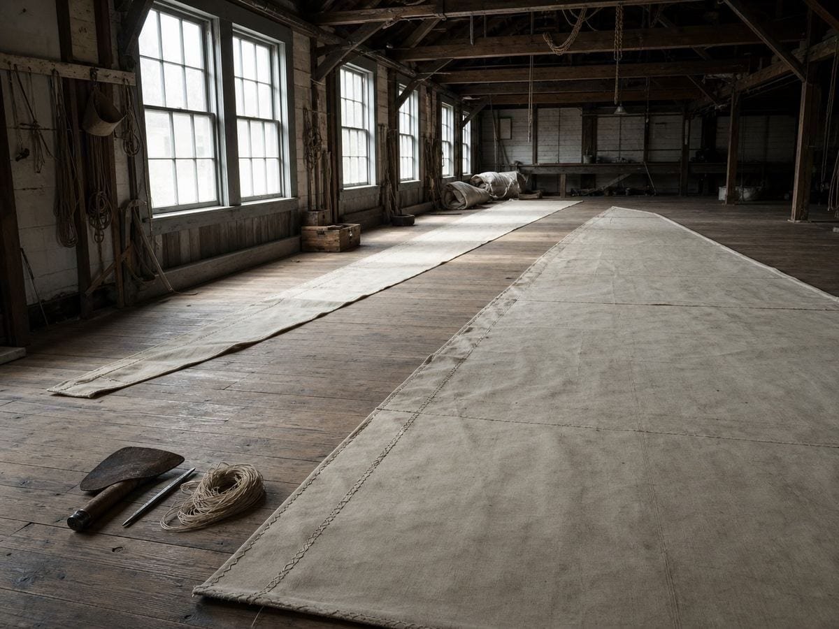 A sail maker's loft with panels of heavy cloth laid out diagonally across a timber floor