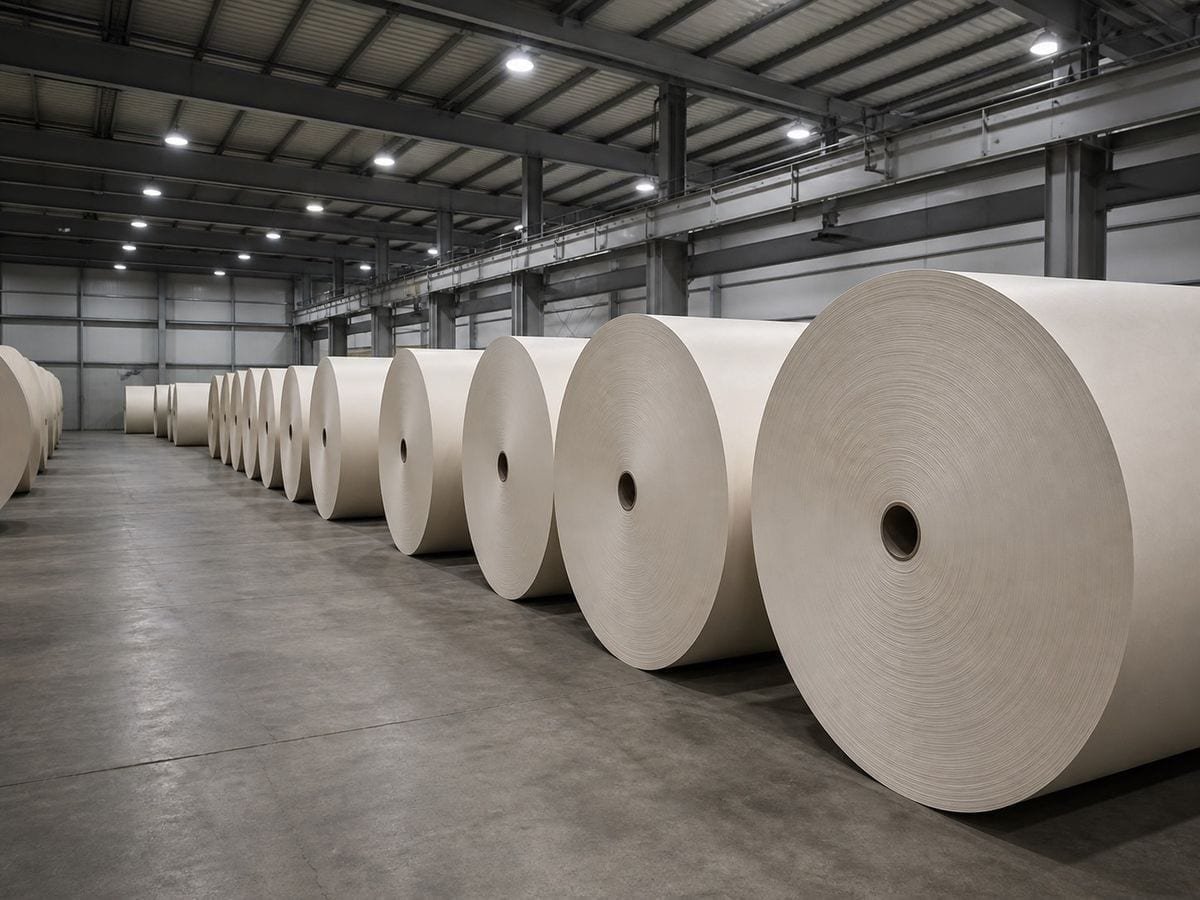 A paper mill reel store with large blank reels standing upright in rows, wound edges toward camera
