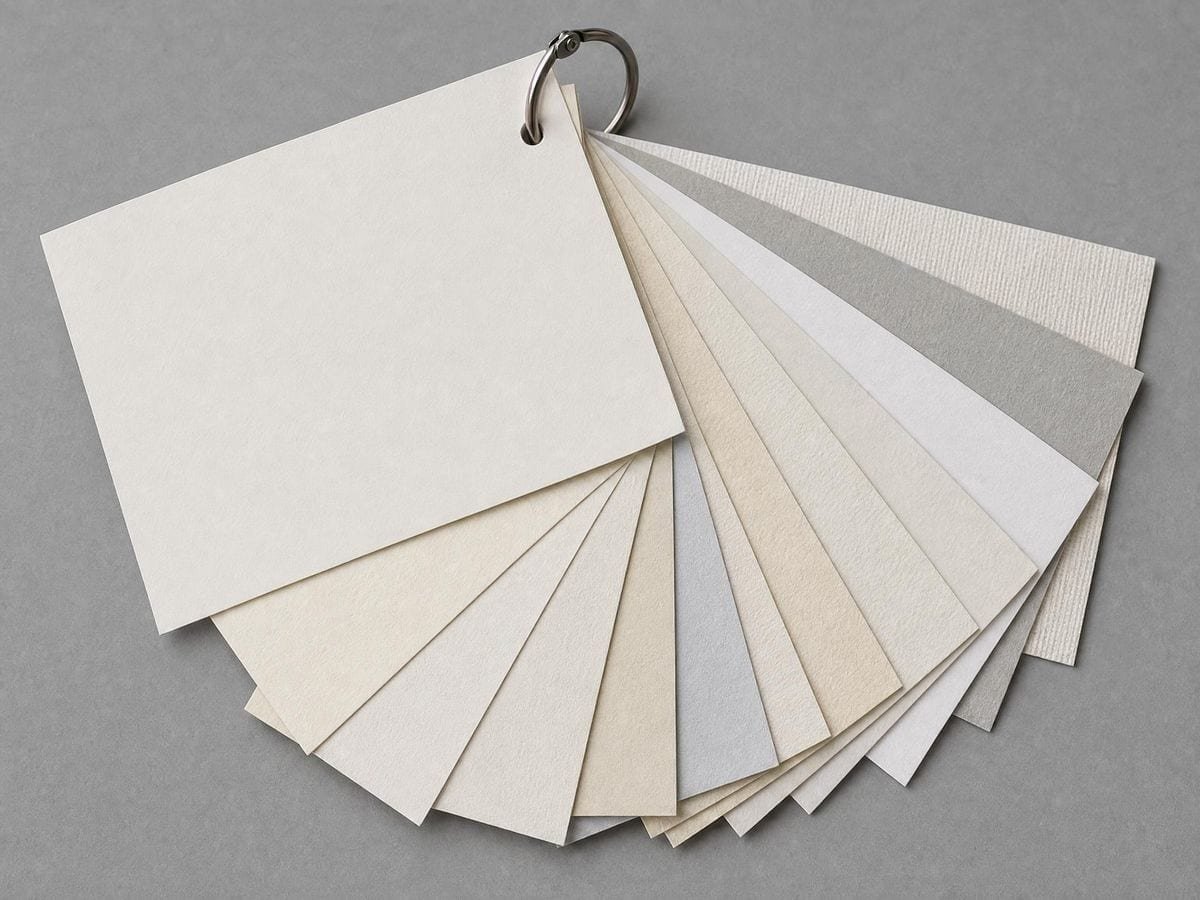 A paper merchant's swatch book fanned open showing a dozen unprinted stocks
