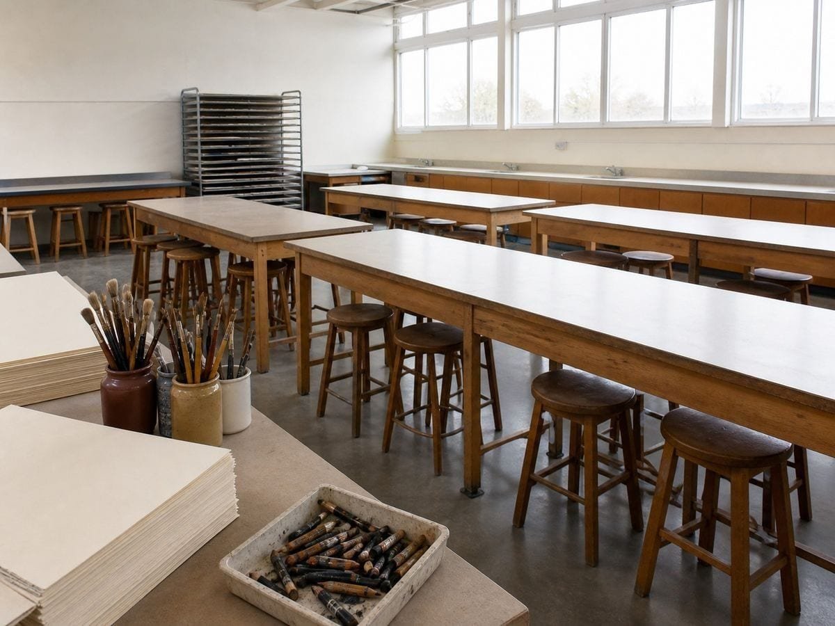 A school art room of clear formica tables with stools tucked under and blank paper stacked