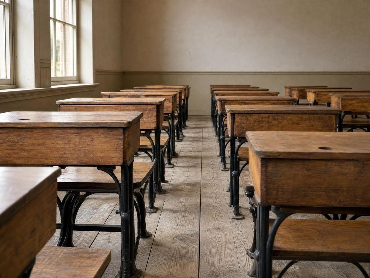 Rows of empty wooden school desks with closed lids receding toward a plain wall
