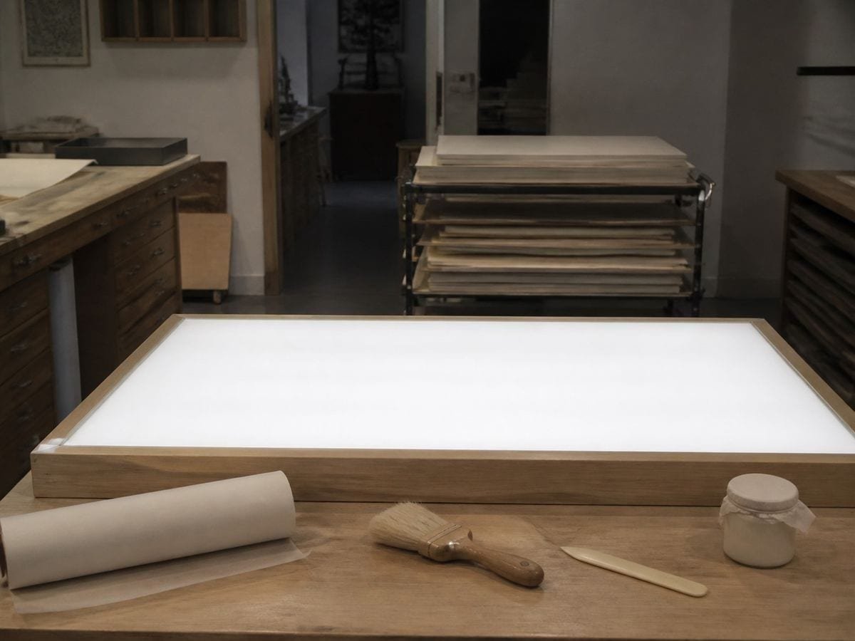 A paper conservation studio with a softly glowing empty light bench and tools set back