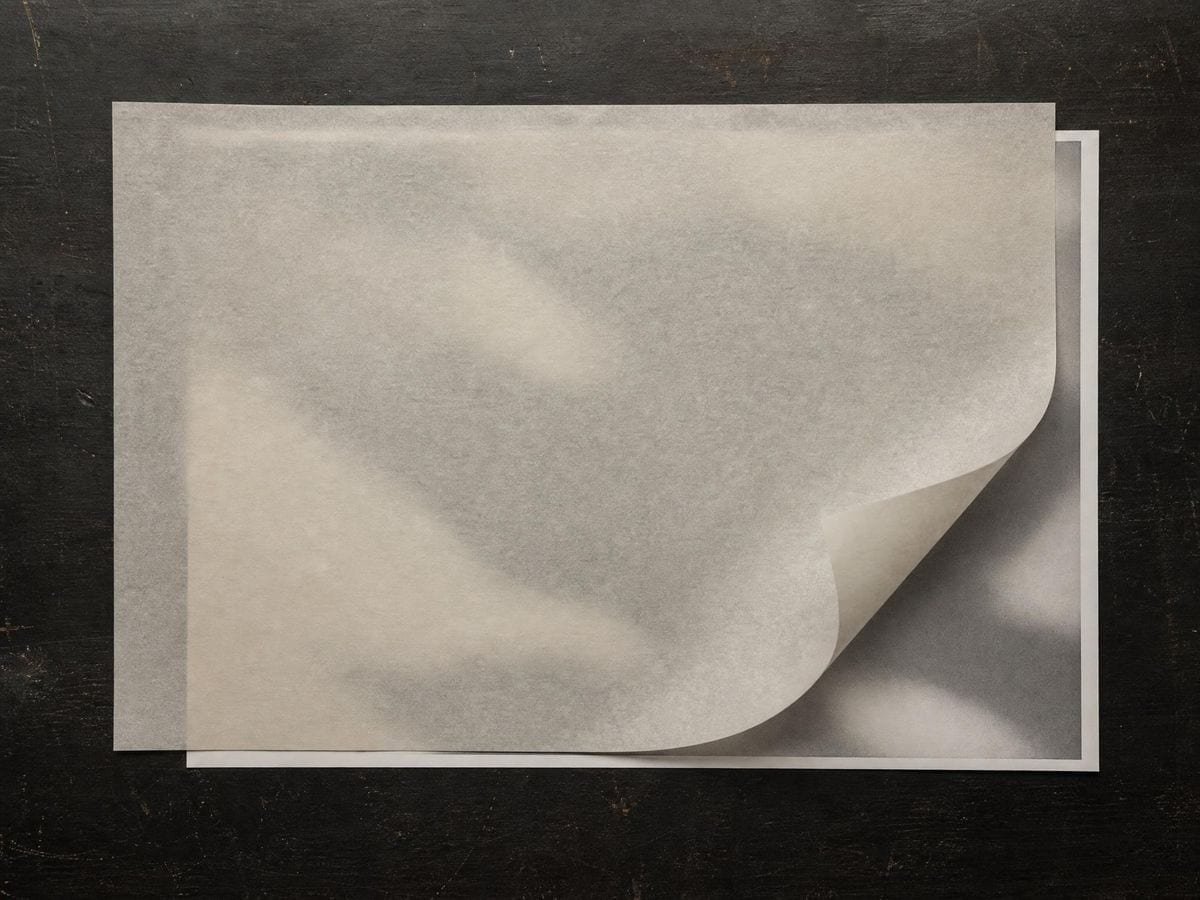 Translucent tracing paper laid over a monochrome print with one corner lifted