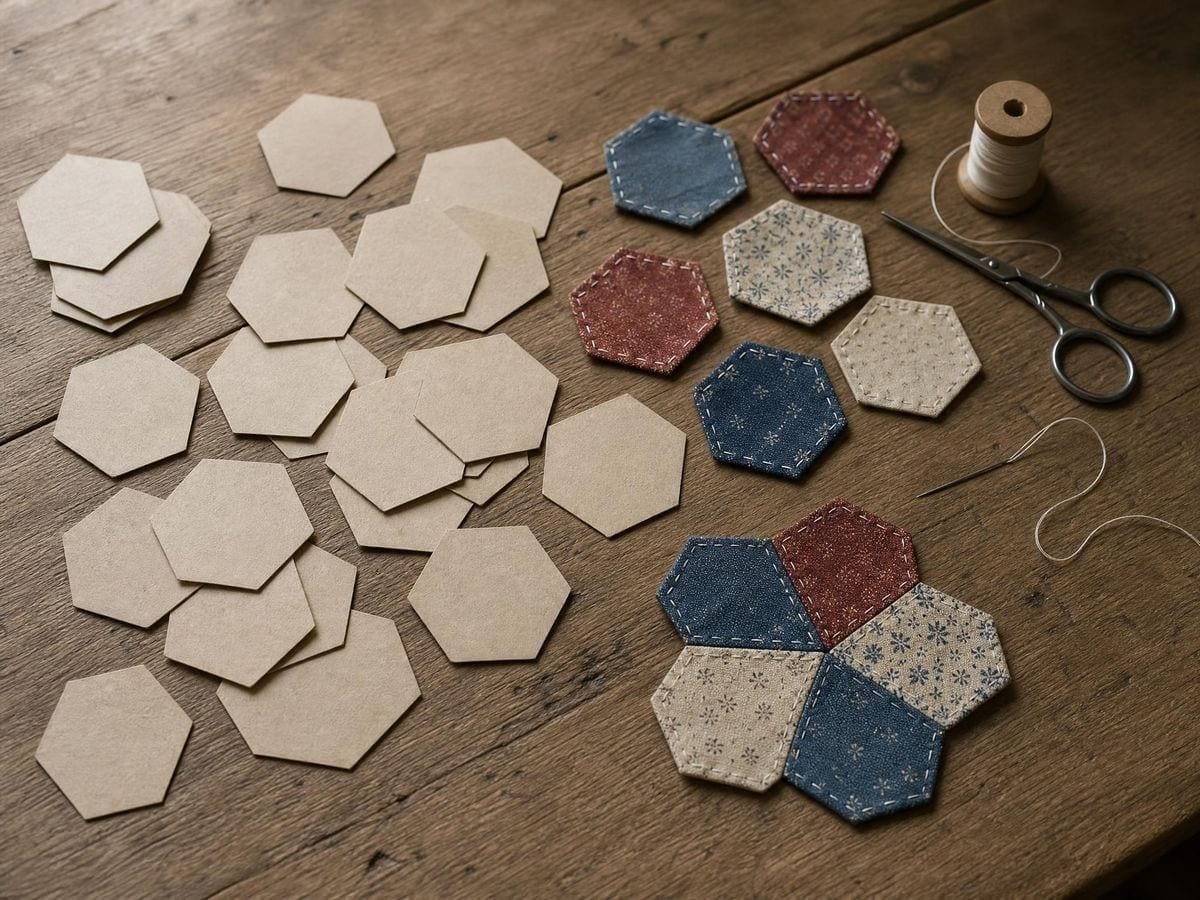 Hexagon paper templates and basted cotton patches forming a rosette on a pine worktable