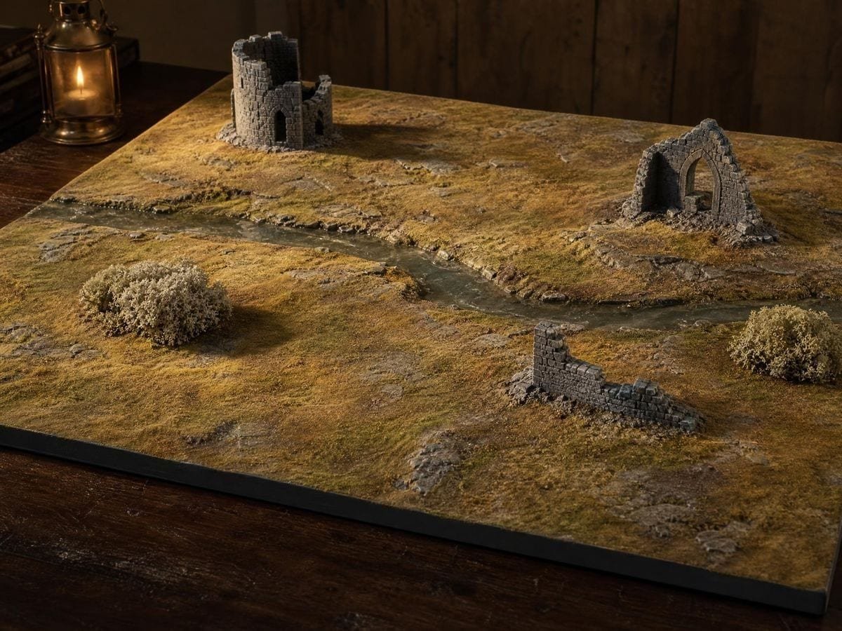 A hand-painted moorland wargaming board with a resin stream and ruined stone towers