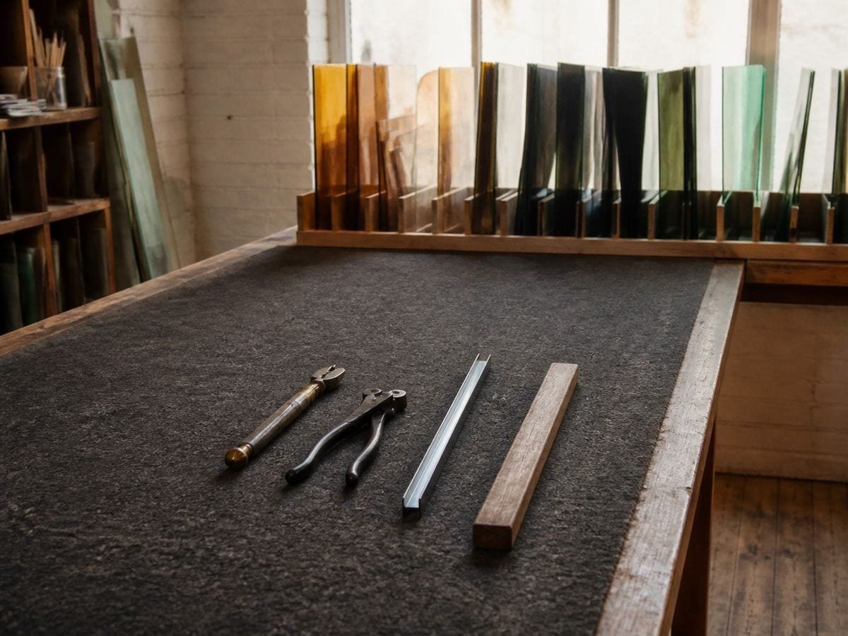 A stained glass studio bench with plain sheets racked, a cutter and lead came laid out