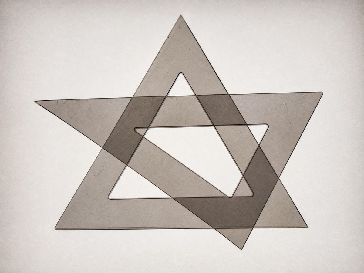 Two smoked acrylic set squares overlapped on a lightbox, their overlap six-sided