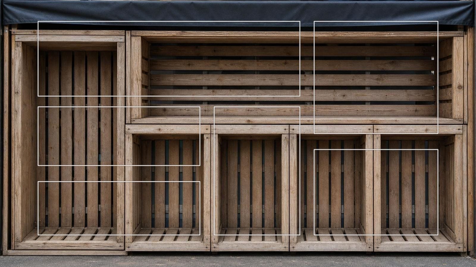 Hierarchical grid overlay on a market stall of differently sized crates fitted into one frontage