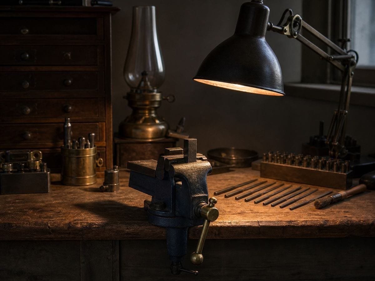 A punchcutter's bench with a blank steel punch in a vice and needle files laid alongside