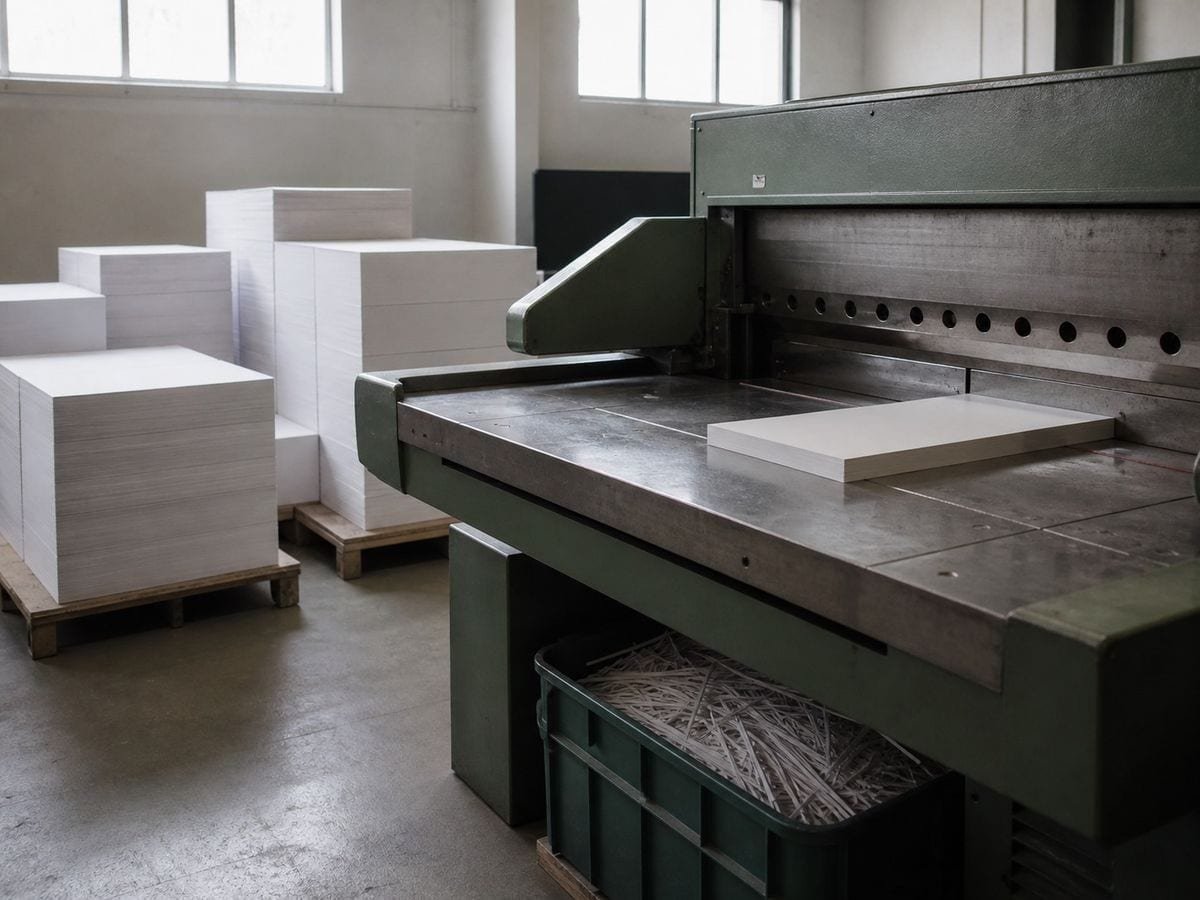A bindery cutting room with a floor guillotine and squared stacks of blank paper on pallets